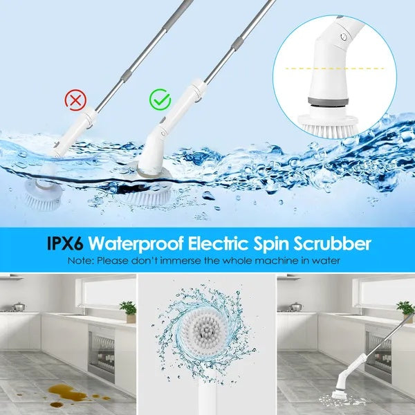 Electric Spin Scrubber Cordless Rechargeable Telescopic Cleaning Brush 6 Replaceable Heads